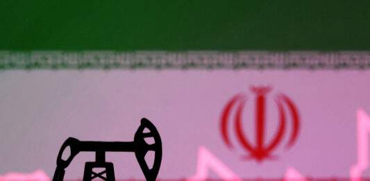 Illustration Shows Iran Flag, Oil Pump Jack And Stock Graph