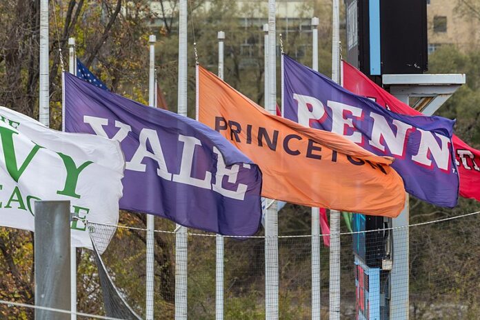 Flags Of The Ivy League Fly At Columbia's Wien Stadium.