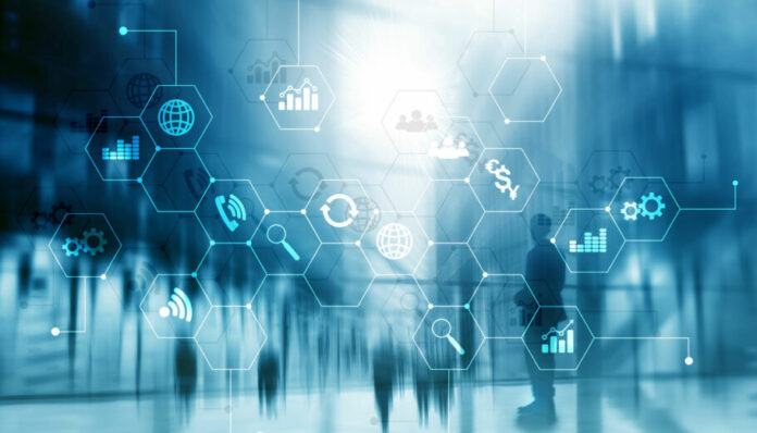 Double exposure mixed media. diagrams and icons on hologram screen. business people and modern city on background.